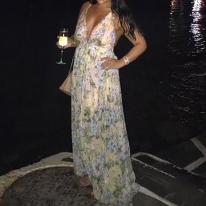 Floral Plunge Maxi Dress. Adjustable straps, zipper back